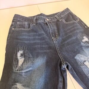 Dark Wash Distressed Straight Leg Jeans Faded Ripped Denim Size 14Y / Women XS